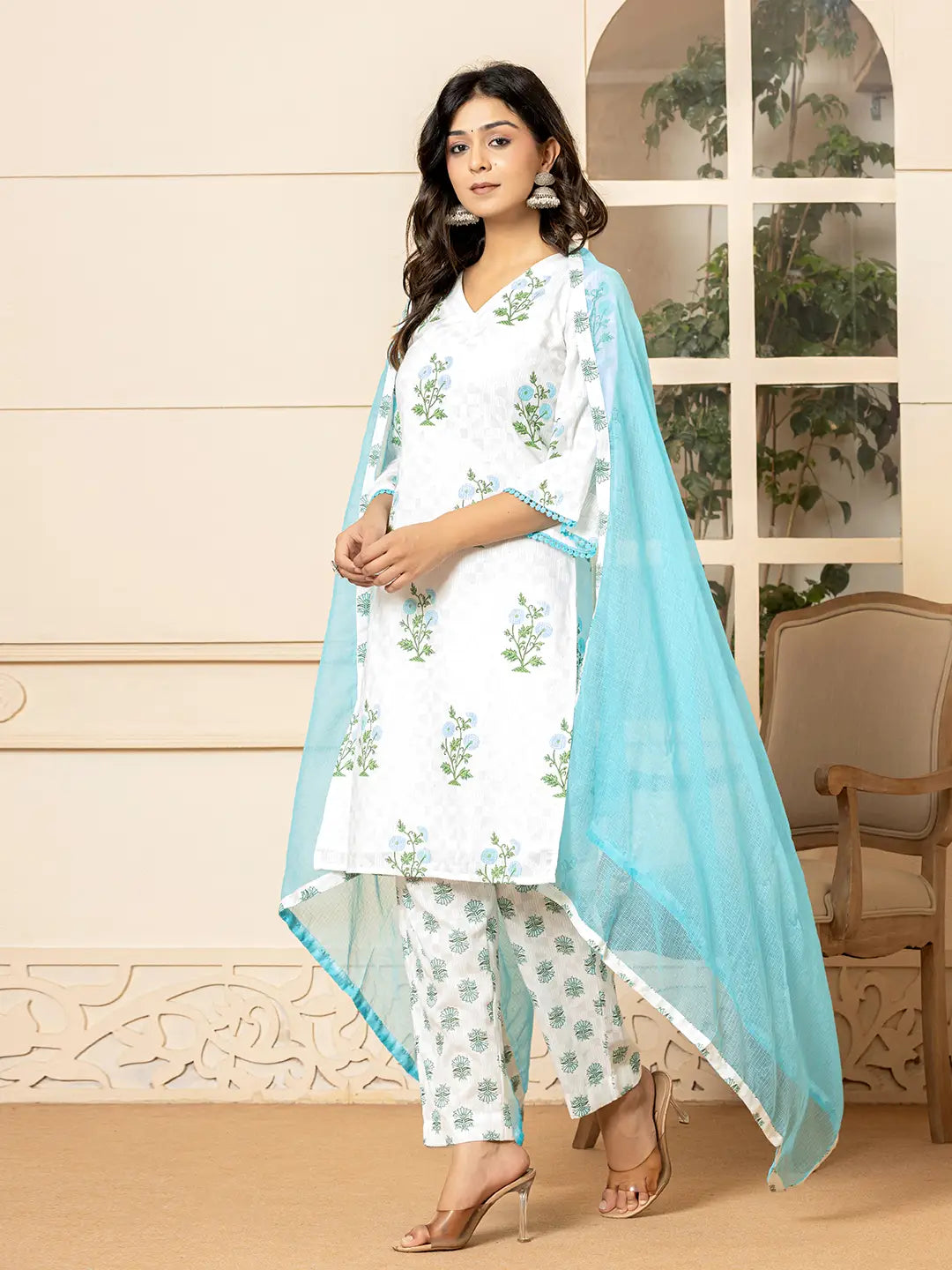 Yufta White And Sky Blue Cotton Floral Print Kurta Dupatta Set - Distacart