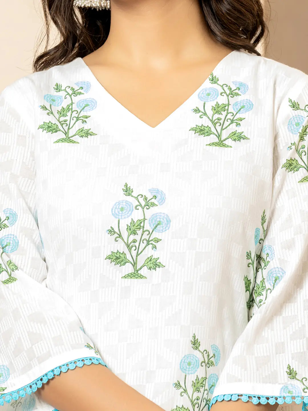 Yufta White And Sky Blue Cotton Floral Print Kurta Dupatta Set