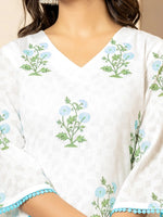Thumbnail for Yufta White And Sky Blue Cotton Floral Print Kurta Dupatta Set