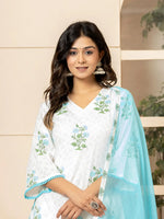 Thumbnail for Yufta White And Sky Blue Cotton Floral Print Kurta Dupatta Set