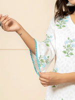 Thumbnail for Yufta White And Sky Blue Cotton Floral Print Kurta Dupatta Set