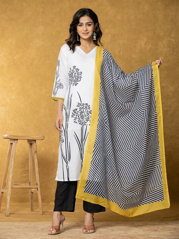 Yufta White And Black Linen Kurta Dupatta Pant Set