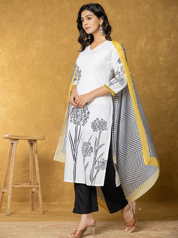 Yufta White And Black Linen Kurta Dupatta Pant Set