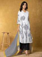 Thumbnail for Yufta White And Black Linen Kurta Dupatta Pant Set