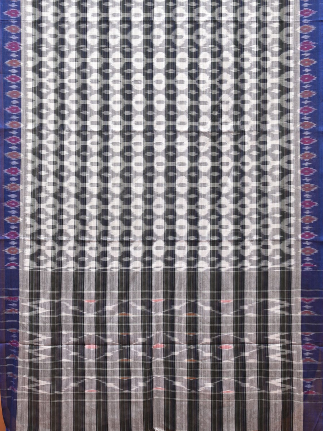 White and Black Pochampally Ikat Cotton Handloom Saree with Strips Design No Blouse - Global Threads - Distacart