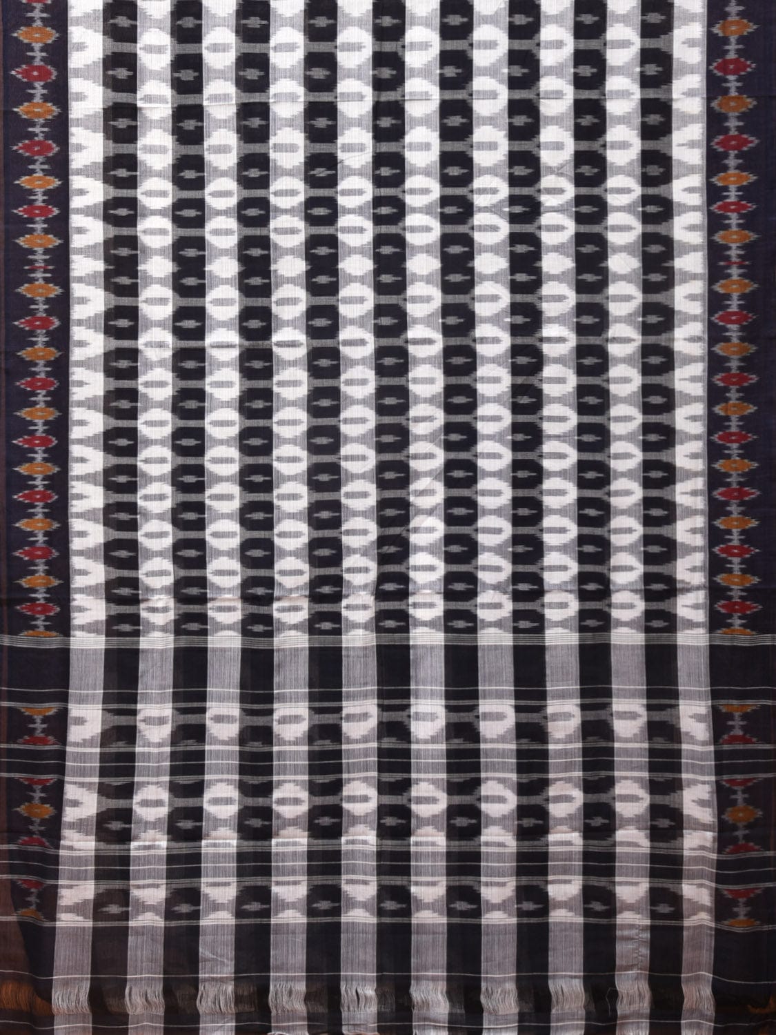 White and Black Pochampally Ikat Cotton Handloom Saree with Strips Design No Blouse - Global Threads - Distacart