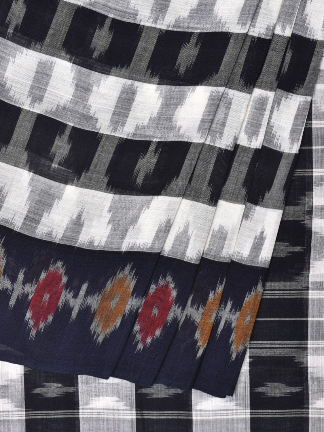White and Black Pochampally Ikat Cotton Handloom Saree with Strips Design No Blouse - Global Threads - Distacart