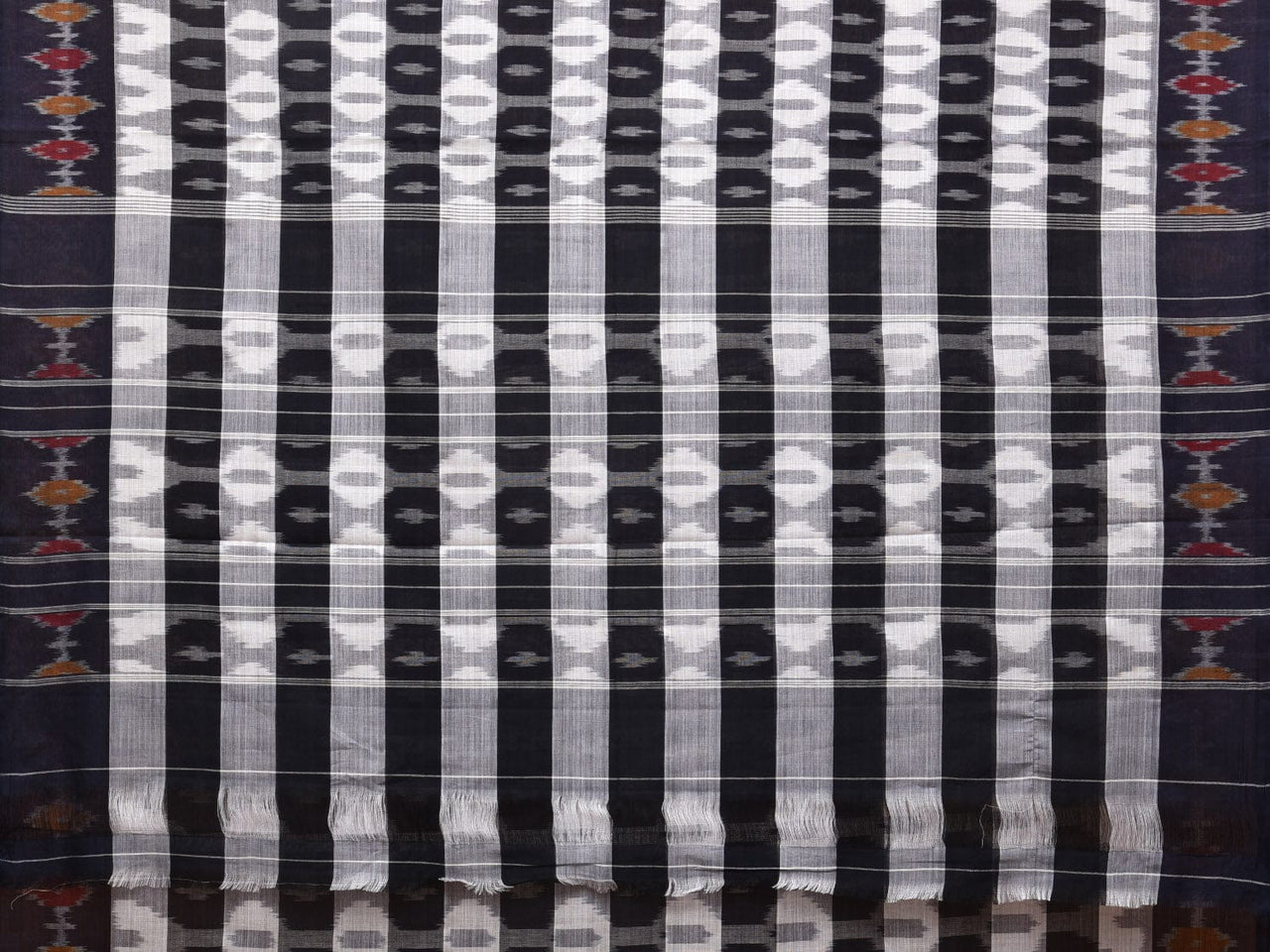 White and Black Pochampally Ikat Cotton Handloom Saree with Strips Design No Blouse - Global Threads - Distacart