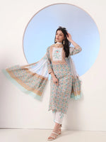 Thumbnail for Yufta White And Blue Cotton Straight Kurta Pant Dupatta Set