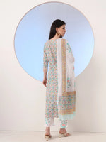 Thumbnail for Yufta White And Blue Cotton Straight Kurta Pant Dupatta Set