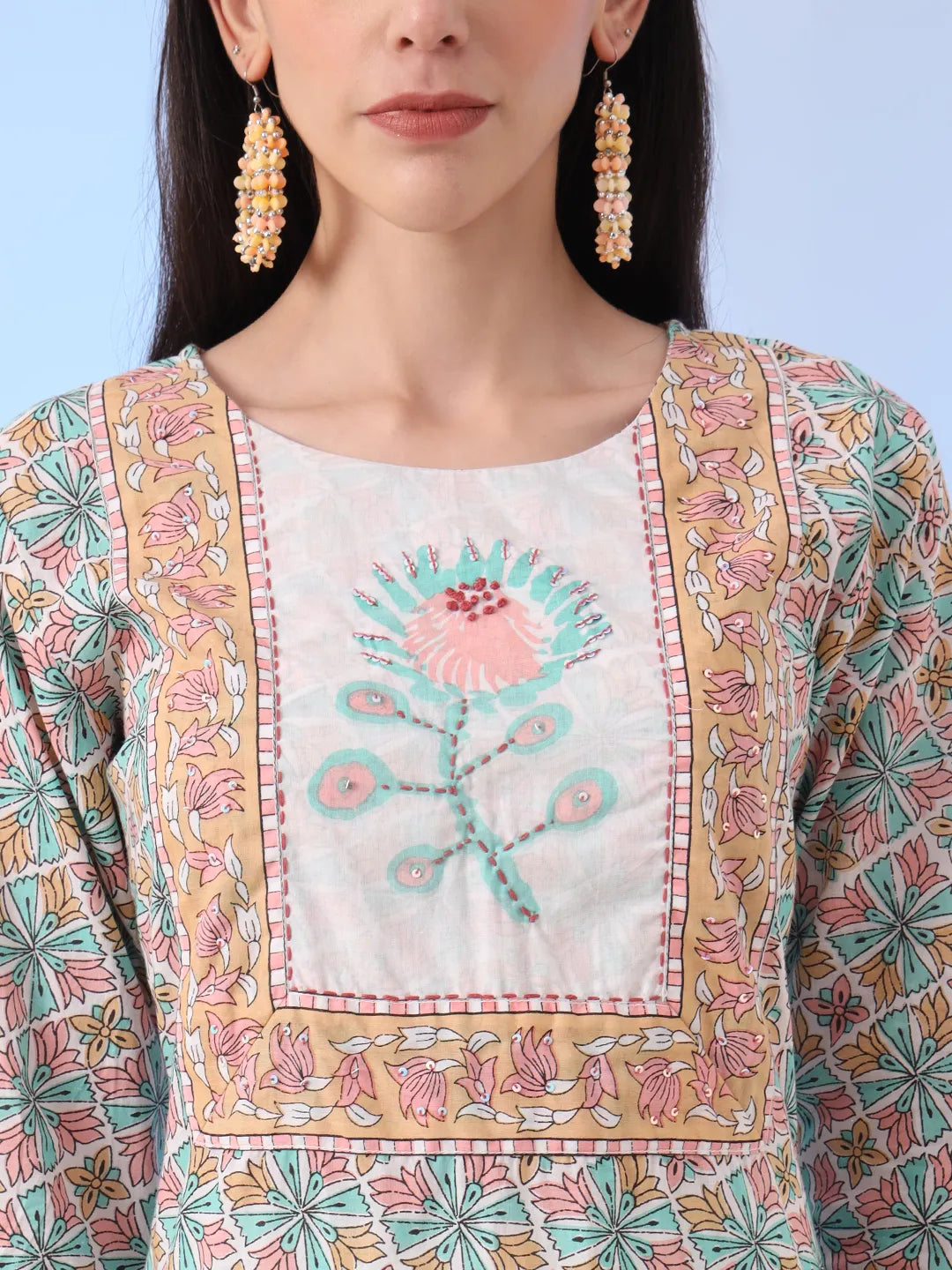 Yufta White And Blue Cotton Straight Kurta Pant Dupatta Set
