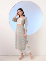 Thumbnail for Yufta White And Blue Cotton Straight Kurta Pant Dupatta Set