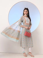 Thumbnail for Yufta White And Blue Cotton Straight Kurta Pant Dupatta Set