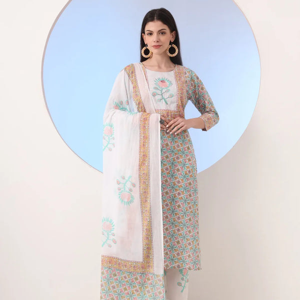 Yufta White And Blue Cotton Straight Kurta Pant Dupatta Set - Distacart