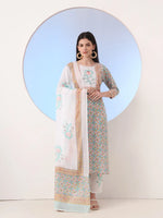 Thumbnail for Yufta White And Blue Cotton Straight Kurta Pant Dupatta Set