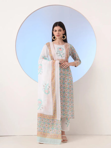 Yufta White And Blue Cotton Straight Kurta Pant Dupatta Set