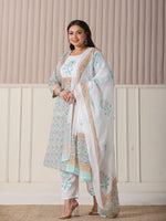 Thumbnail for Yufta White And Blue Cotton Straight Plus Size Kurta Pant Dupatta Set