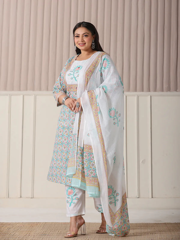 Yufta White And Blue Cotton Straight Plus Size Kurta Pant Dupatta Set
