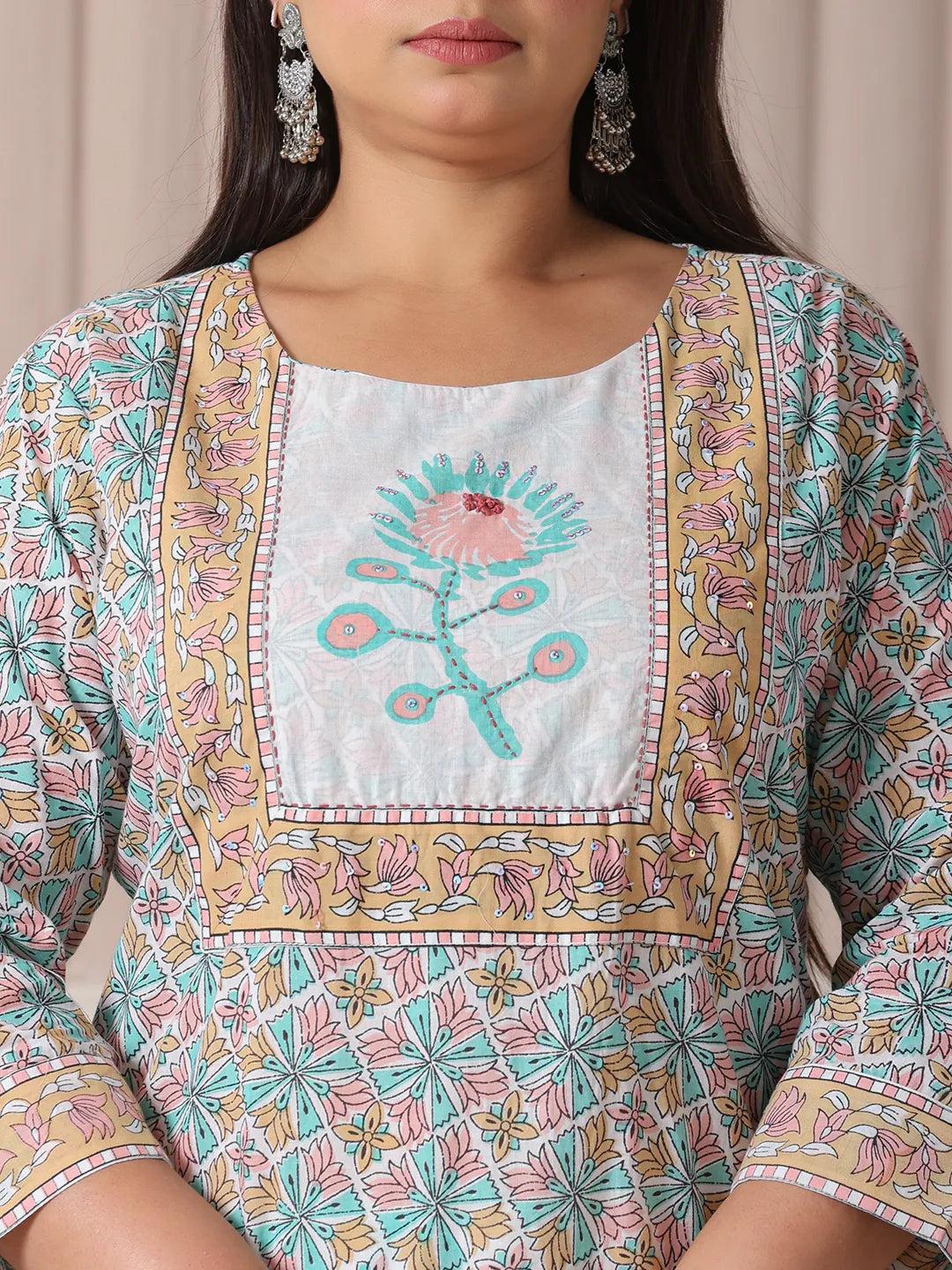 Yufta White And Blue Cotton Straight Plus Size Kurta Pant Dupatta Set