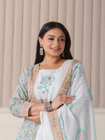 Thumbnail for Yufta White And Blue Cotton Straight Plus Size Kurta Pant Dupatta Set