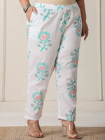 Thumbnail for Yufta White And Blue Cotton Straight Plus Size Kurta Pant Dupatta Set