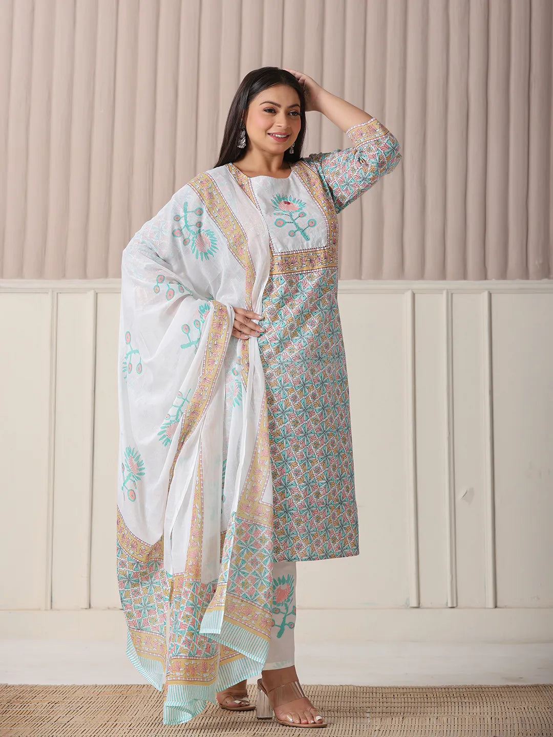 Yufta White And Blue Cotton Straight Plus Size Kurta Pant Dupatta Set