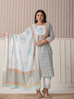 Thumbnail for Yufta White And Blue Cotton Straight Plus Size Kurta Pant Dupatta Set