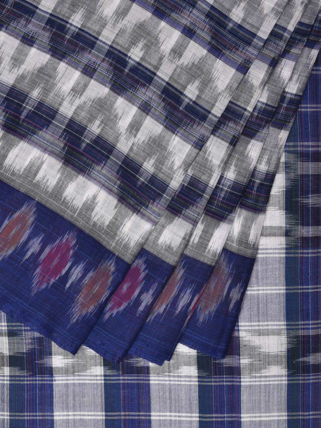 White and Blue Pochampally Ikat Cotton Handloom Saree with Strips Design No Blouse - Global Threads - Distacart