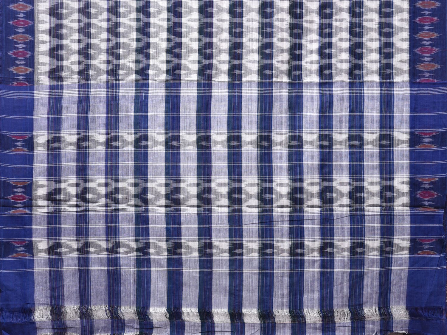 White and Blue Pochampally Ikat Cotton Handloom Saree with Strips Design No Blouse - Global Threads - Distacart