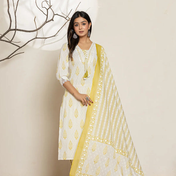 Yufta White & Green Floral Cotton Straight Suit Set - Distacart
