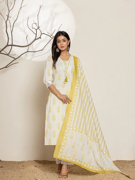 Yufta White & Green Floral Cotton Straight Suit Set