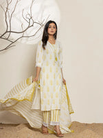 Thumbnail for Yufta White & Green Floral Cotton Straight Suit Set