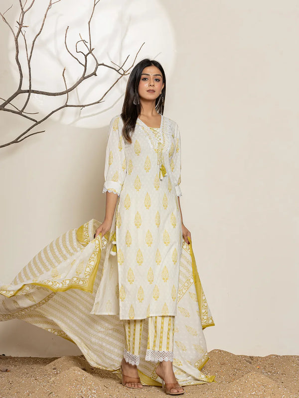 Yufta White & Green Floral Cotton Straight Suit Set