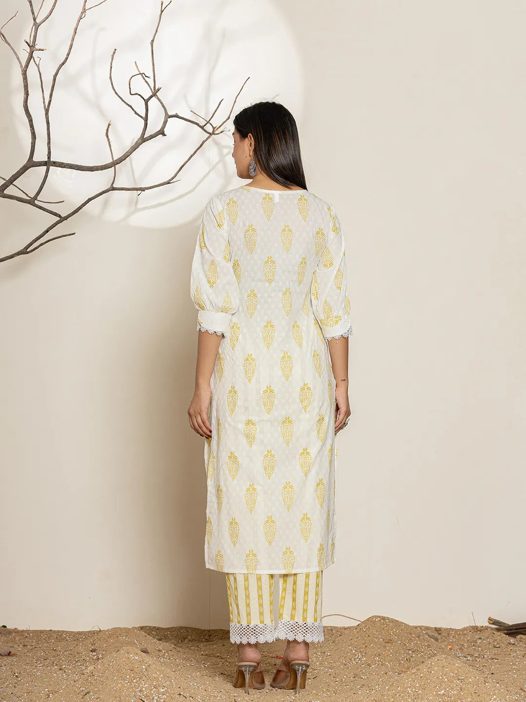 Yufta White & Green Floral Cotton Straight Suit Set