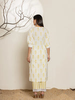 Thumbnail for Yufta White & Green Floral Cotton Straight Suit Set
