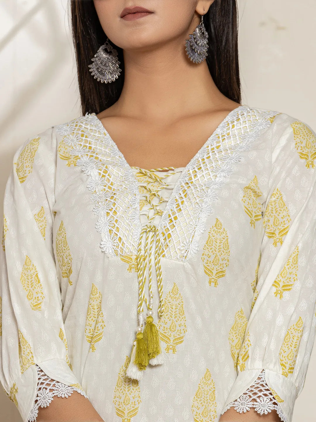 Yufta White & Green Floral Cotton Straight Suit Set