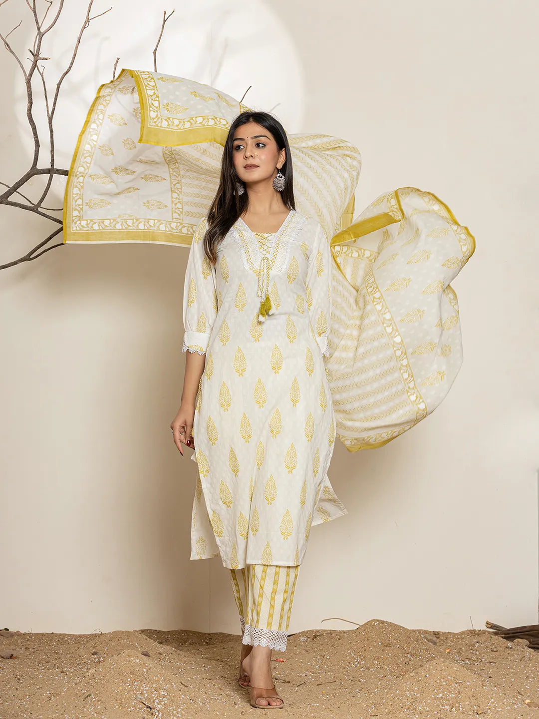 Yufta White & Green Floral Cotton Straight Suit Set