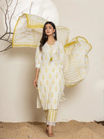 Thumbnail for Yufta White & Green Floral Cotton Straight Suit Set