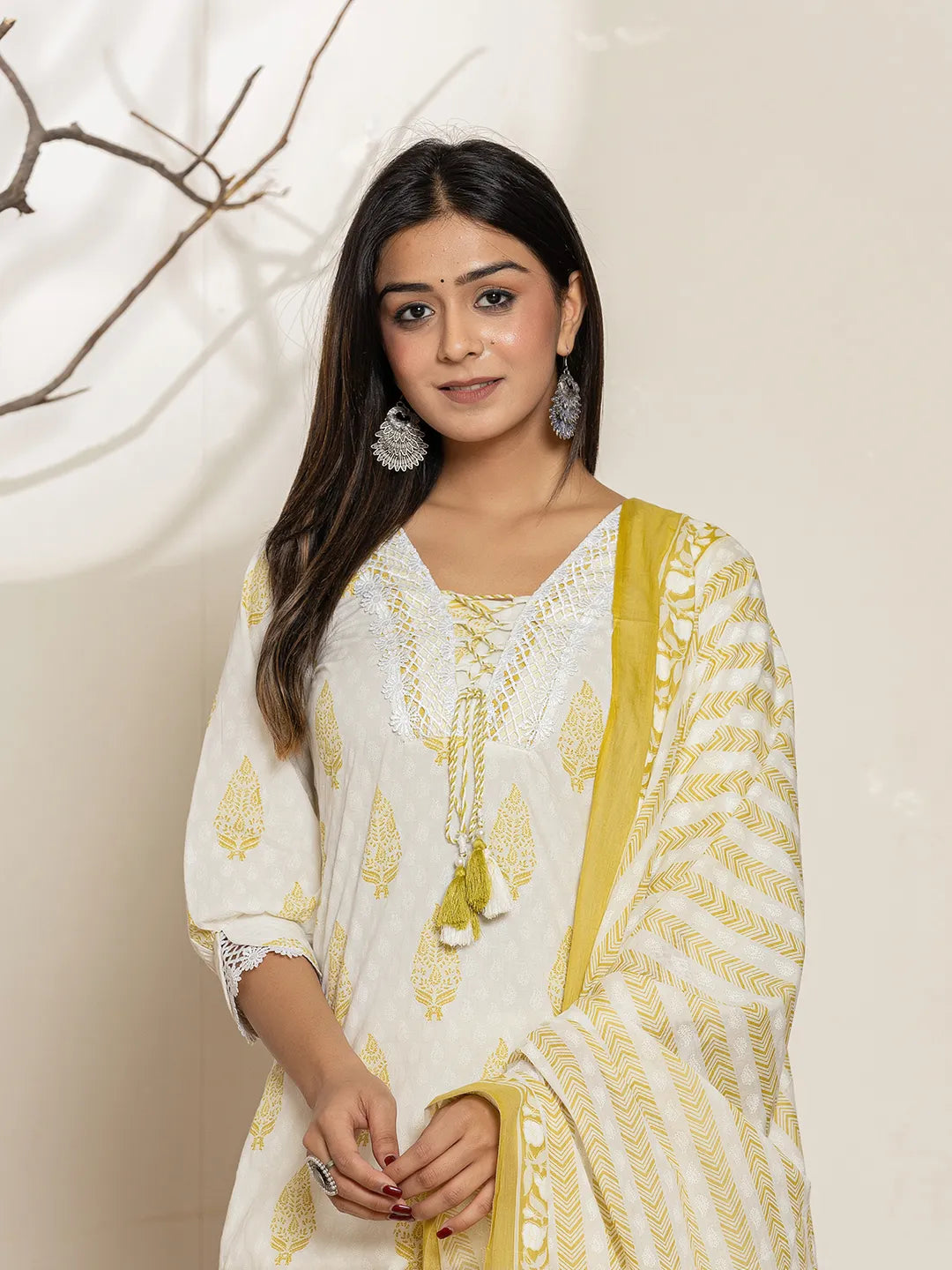 Yufta White & Green Floral Cotton Straight Suit Set