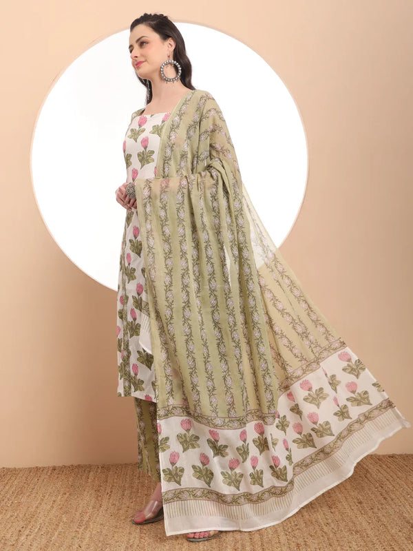 Yufta White And Green Floral Print Straight Kurta Trouser Dupatta Set Cotton Lining