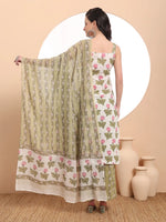 Thumbnail for Yufta White And Green Floral Print Straight Kurta Trouser Dupatta Set Cotton Lining