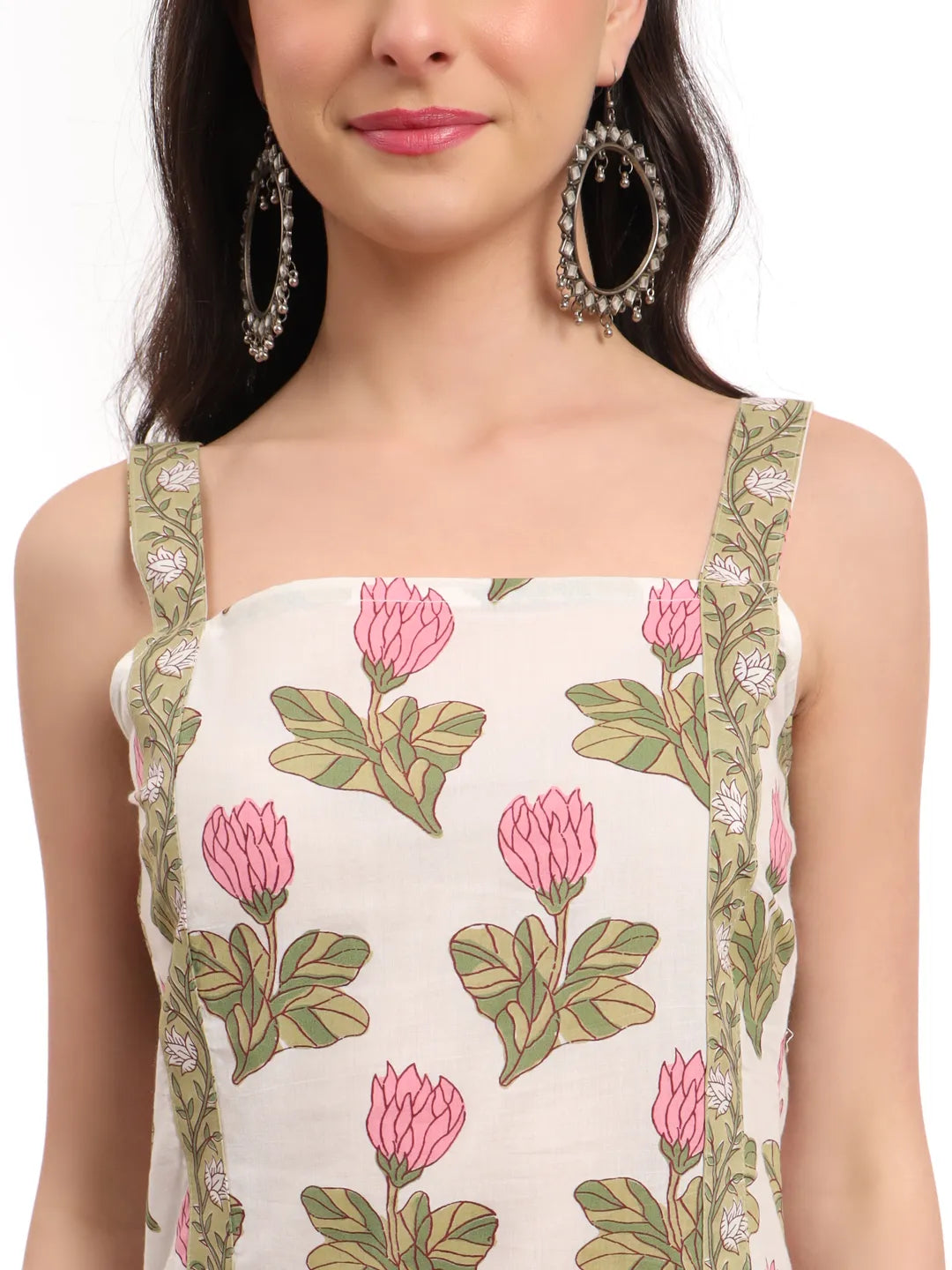 Yufta White And Green Floral Print Straight Kurta Trouser Dupatta Set Cotton Lining