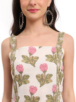 Thumbnail for Yufta White And Green Floral Print Straight Kurta Trouser Dupatta Set Cotton Lining