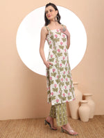Thumbnail for Yufta White And Green Floral Print Straight Kurta Trouser Dupatta Set Cotton Lining