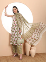 Thumbnail for Yufta White And Green Floral Print Straight Kurta Trouser Dupatta Set Cotton Lining