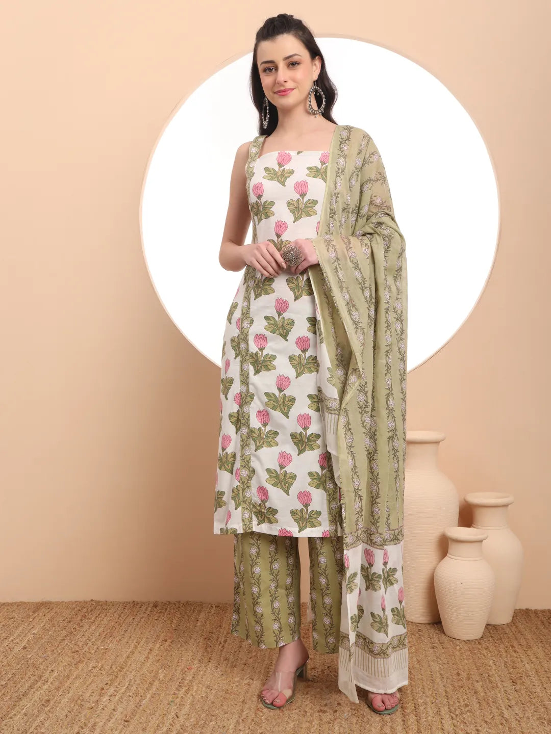 Yufta White And Green Floral Print Straight Kurta Trouser Dupatta Set Cotton Lining