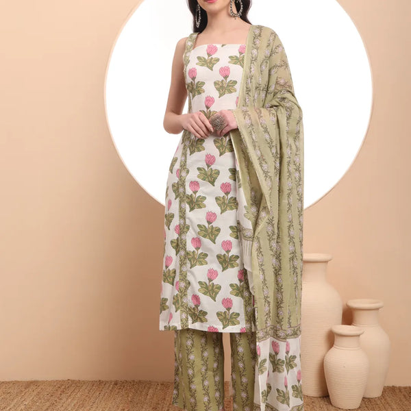 Yufta White And Green Floral Print Straight Kurta Trouser Dupatta Set Cotton Lining - Distacart