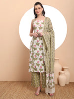 Thumbnail for Yufta White And Green Floral Print Straight Kurta Trouser Dupatta Set Cotton Lining