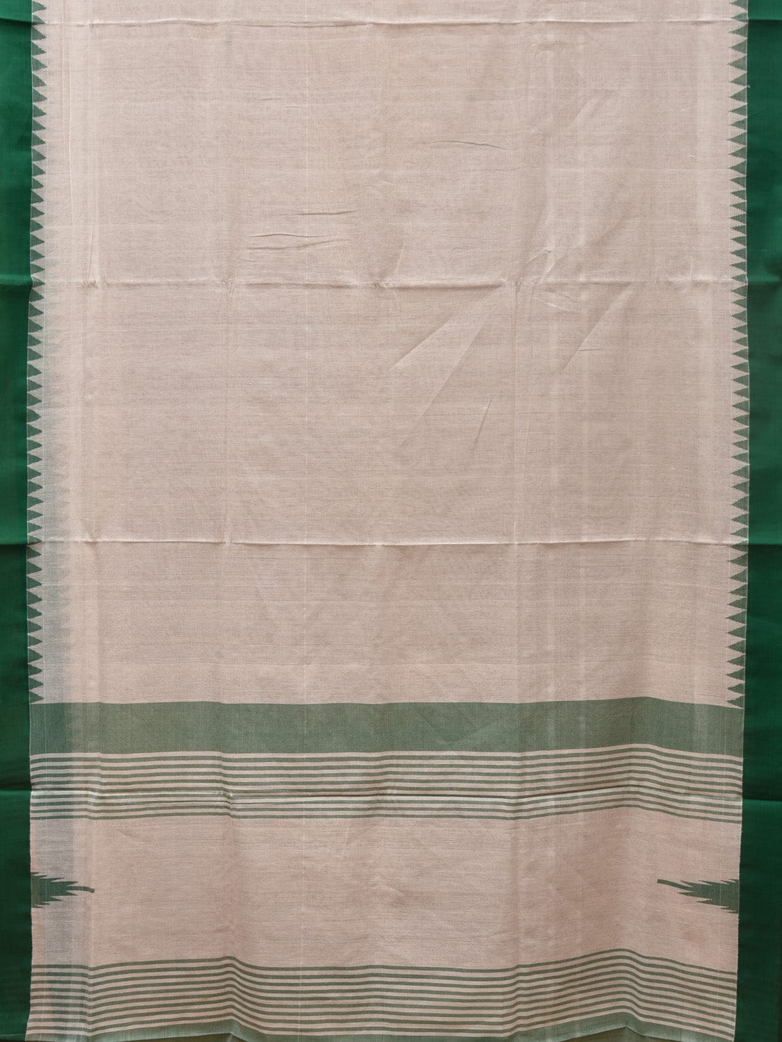 White and Green Khadi Cotton Handloom Plain Saree with Temple Border Design - Global Threads - Distacart