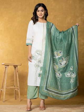 Yufta White And Green Linen Kurta Dupatta Pant Set - Distacart